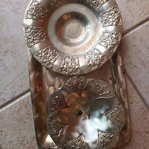 Silver-plated old tray and two used compotes