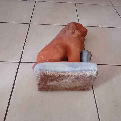 Lion statue made of white terracotta, handmade, 1998
