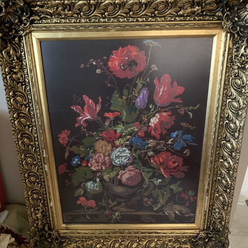 Embroidered flower painting used with wide frame 100x80 cm