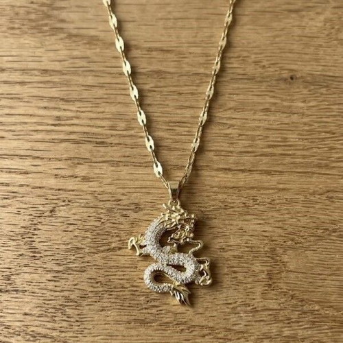 Gold dragon necklace with rhinestones, Gothic fantasy