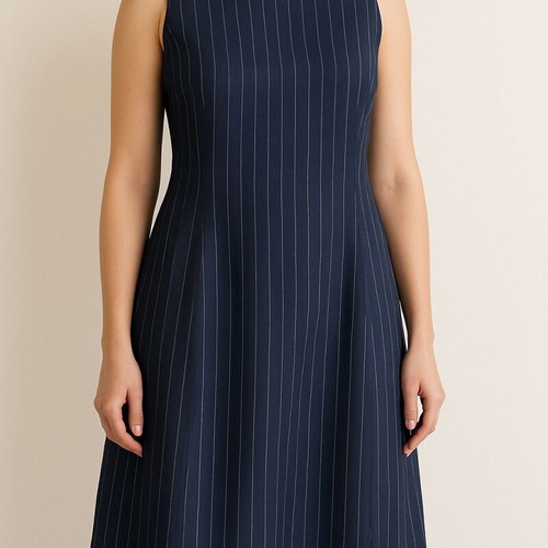 Classic dark blue linen dress with stripes FIDÈLE