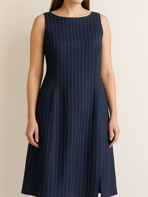 Classic dark blue linen dress with stripes FIDÈLE