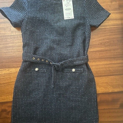 Zara tweed dress new, short with integrated belt blue
