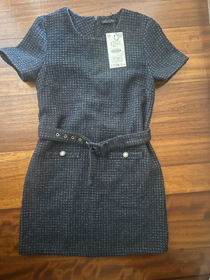 Zara tweed dress new, short with integrated belt blue