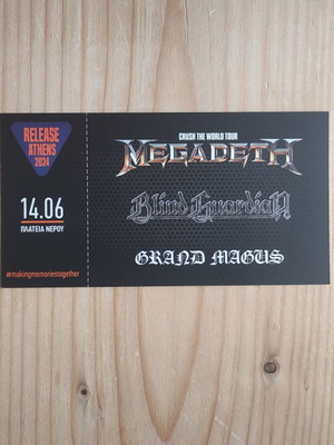 Εισιτήριο συναυλίας Megadeth Blind Guardian Grand Magus σαν καινούργιο 14-6-2024