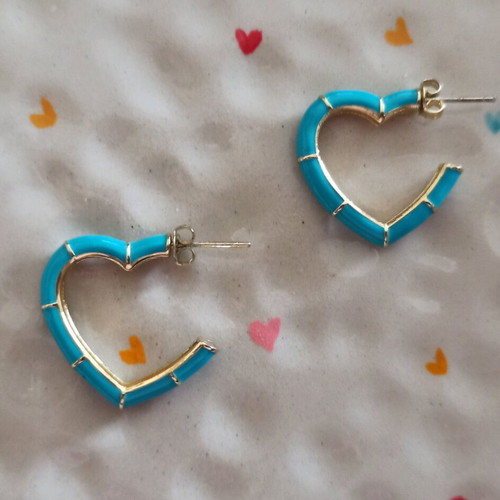 Heart-shaped steel earrings in turquoise and gold color, like new