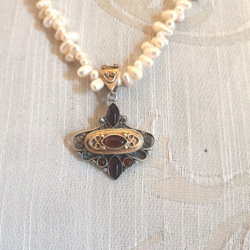Vintage Byzantine Necklace with Pearls and Silver-Gold Pendant