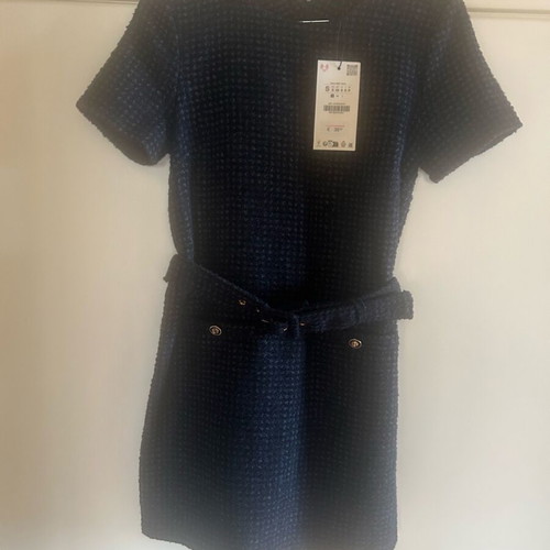 Zara tweed dress new, short with integrated belt blue