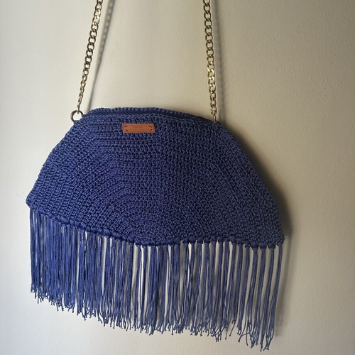 Handmade royal blue knitted shoulder bag with fringes