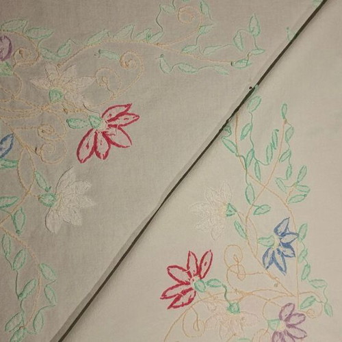 Vintage tablecloth with multicolored embroidered flowers, 133x128 cm