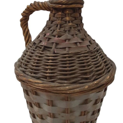 Vintage demijohn 1950s used, glass and rattan, 5 liters