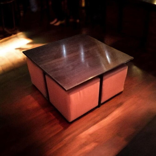 Tables with hidden poufs like new, handmade with glass top