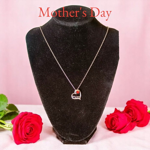 Stainless silver heart necklace with zircons and red crystal mom, new