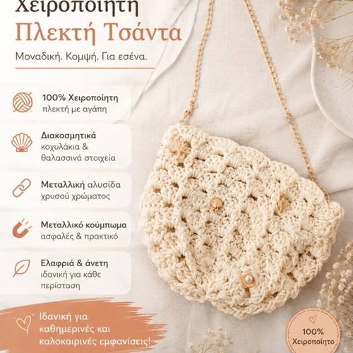 Handmade knitted shoulder bag, white beige