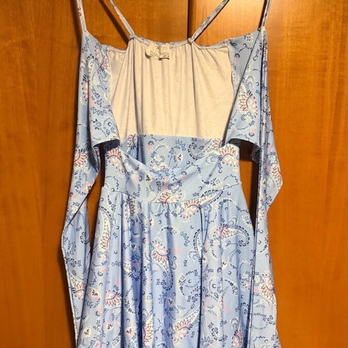 Summer dress new with asymmetrical cut and white turquoise straps