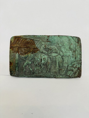 Vintage Embossed Metal Barn Scene Plaque used with Green Patina