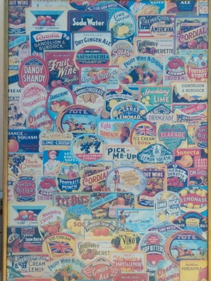 Vintage collage of drink labels 70x50 in golden wooden frame used