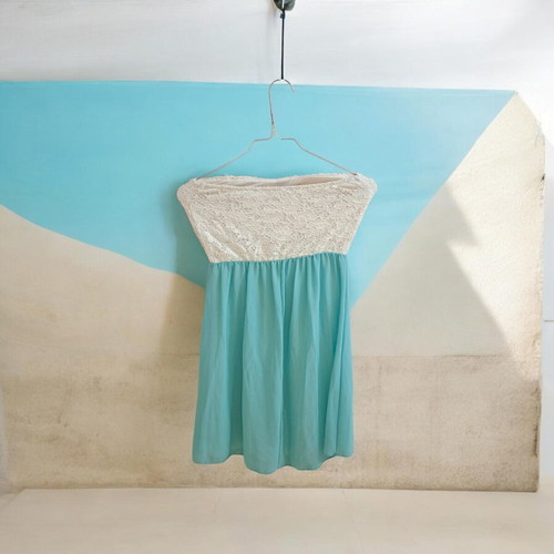 Mini dress with white lace, bow and chiffon in mint turquoise