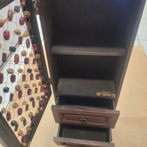 Antique wooden jewelry cabinet with beads, two drawers and cupboard new