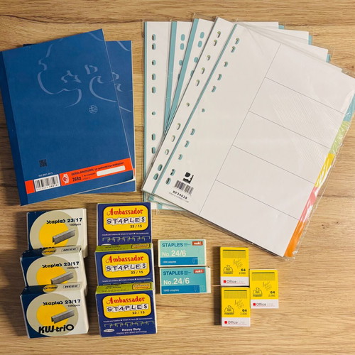 Office supply pack with dividers, delivery notes, clips & staples, new