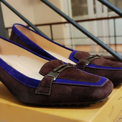 Tod's suede kitten heel loafers, brown and cobalt blue, size 39