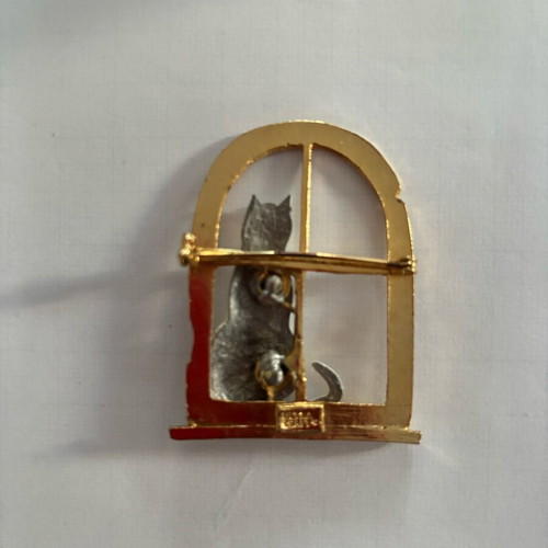 White Cat Window Brooch handmade used, gold-plated