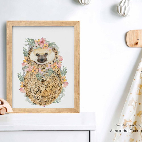 Children's Poster Hedgehog New with Flowers