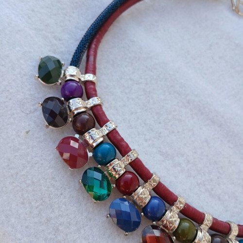 Statement multi-strand necklace with colorful stones, metal and leather, like new