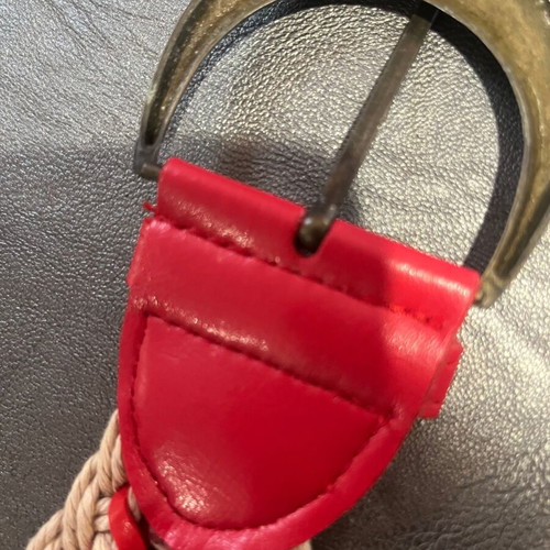 Knitted belt like new, ecru cotton with red synthetic leather and bronze buckle