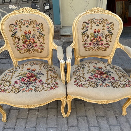 Saridis armchairs like new, set of two, patina