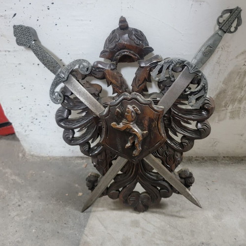 Decorative swords on wood, set of 2, new