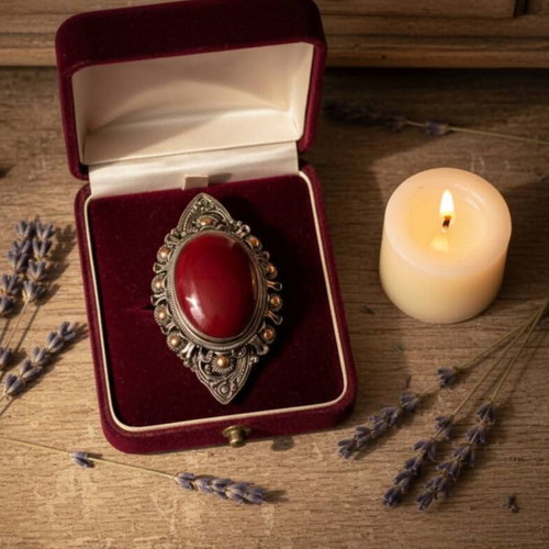 Handmade vintage silver brooch with carnelian stone used