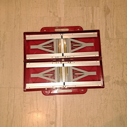 Folding camping table with 4 stools used