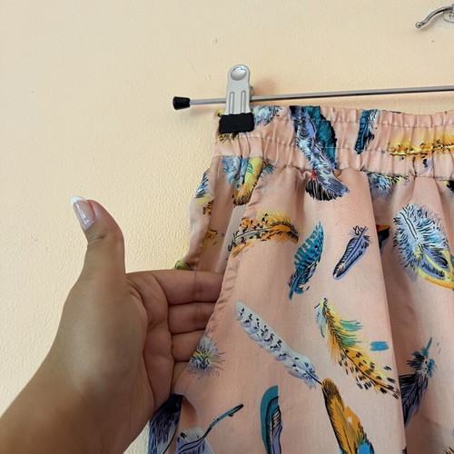 Satin pants like new, pink with feather pattern, sizes S/M