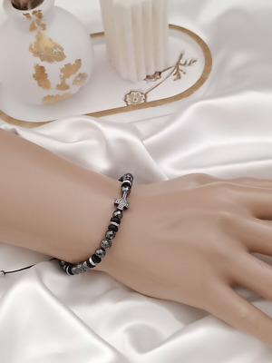 Unisex Black Bracelet with Semi-Precious Stones and Cubic Zirconia Cross