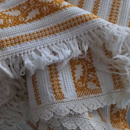 Woven blanket new with handmade knitted lace and fringes