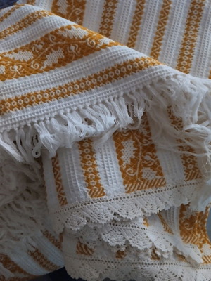 Woven blanket new with handmade knitted lace and fringes