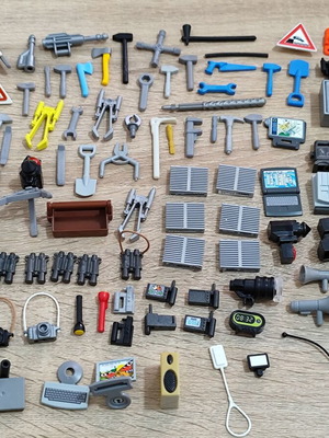 Playmobil tools and electronic parts used, all together