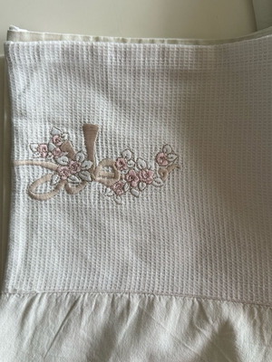 Crib bedding set used, soft yellow and pink