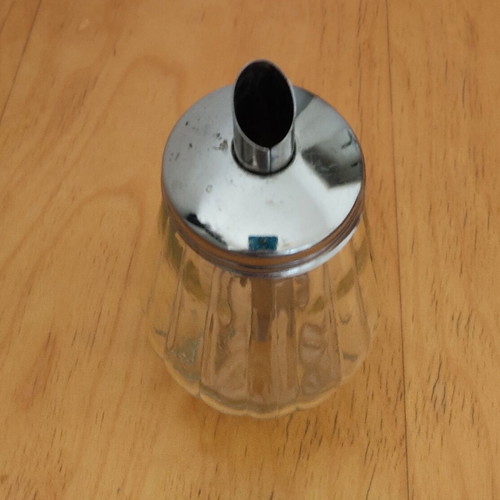 Vintage glass sugar dispenser with metal spout, mid-century German design