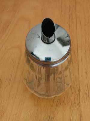 Vintage glass sugar dispenser with metal spout, mid-century German design