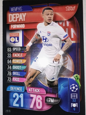 Memphis Depay Lyon collectible card used, Topps Champions League 2019-2020