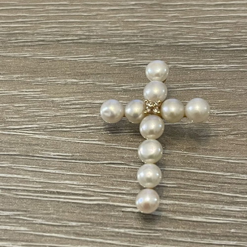 Stavros gold 18k cross with four diamonds and pearls used