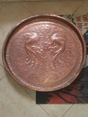 Vintage large copper tray like new with embossed peacocks