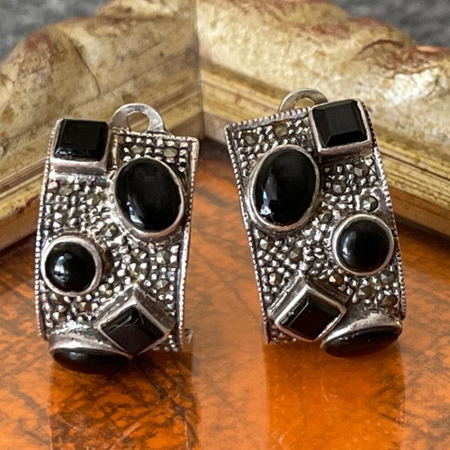 Large handmade silver vintage earrings 925 with agate like new, clip on