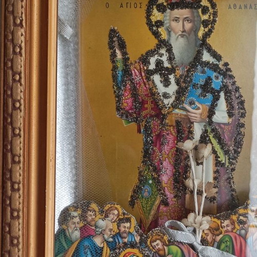 Religious icon Saint Athanasios and the Dormition of the Theotokos like new