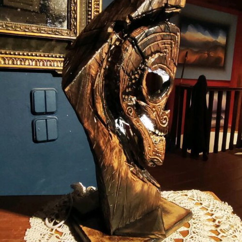 Handmade wooden carved table lamp skull with led lighting