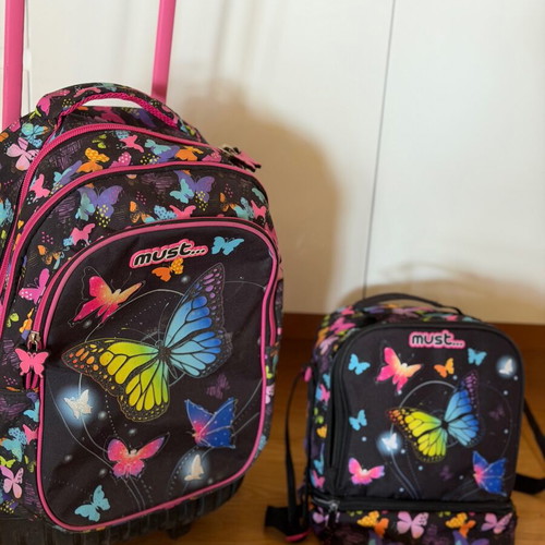 School bag set with trolley, lunch bag, and pencil case used