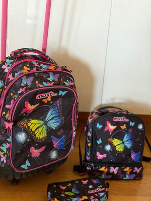 School bag set with trolley, lunch bag, and pencil case used