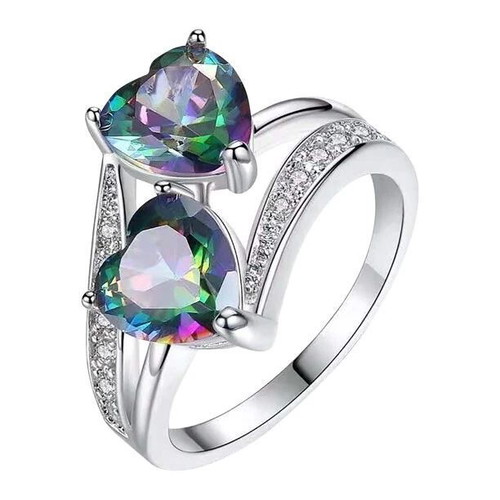 Colorful women's ring with cubic zirconia hearts, new, silver plated